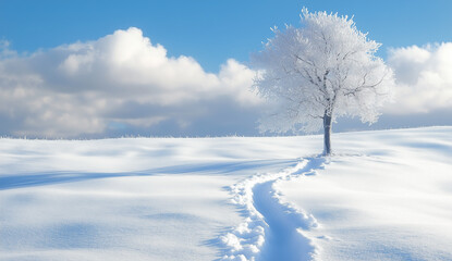 Wall Mural - Snowy field with a lone tree