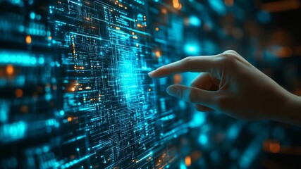 Hand Interacting with Digital Data Hologram.