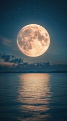 Wall Mural - giant full moon rising above the calm ocean night sky reflection.
