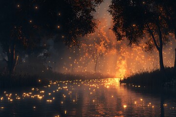Wall Mural - kissing rays of early light bouncing on freshwater, forming dazzling flickers on a serene river