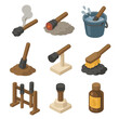 © Viacheslav - Torch Care Icons. Isometric Flat icon set of post-use torch care: extinguished flame, cooled ember, water dunking, ember burial,