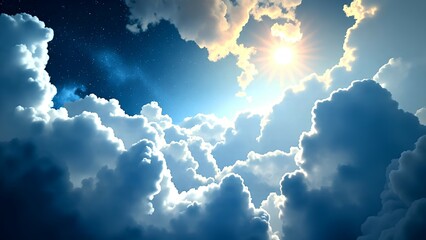 Wall Mural - Bright sun shines through fluffy clouds against a deep blue sky filled with stars.