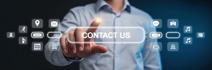 A hand touches a contact us button on a digital interface.