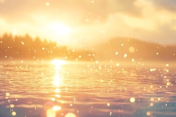 Wall Mural - warm golden sunlight sparkling across a misty lake surface, peaceful and dreamy setting