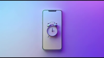 Wall Mural - Upright smartphone with clock, minimalist style, purple gradient, modern tech, product showcase.