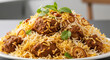 © Vector IMG - A delicious closeup of a plate of traditional Indian chicken biryani a spicy and aromatic rice dish garnished with fried onions and fresh herbs a gourmet meal perfect for restaurant menus