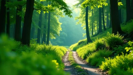 Wall Mural - A dirt road surrounded by dense foliage and trees, ideal for outdoor adventures or nature photography.