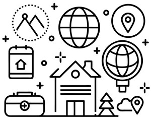 Wall Mural - a set of vector web icons for business and global communication, featuring home, building, arrow, an