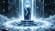 © Saksit - A futuristic, glowing pedestal with a digital sphere stands at the center of a high-tech, sci-fi environment filled with towering structures and mist.