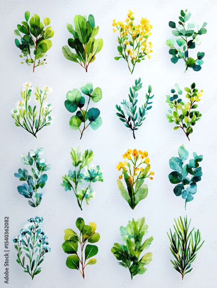 Detailed watercolor illustrations feature a variety of green plants and flowers, highlighting their unique shapes and colors on a light, neutral background. The artwork showcases artistic creativity.