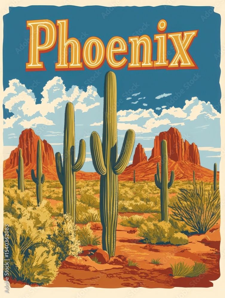 A colorful depiction of the Arizona desert showcases towering saguaro cacti amidst red rock formations and a bright blue sky. This scene encapsulates the natural beauty of the Phoenix area.