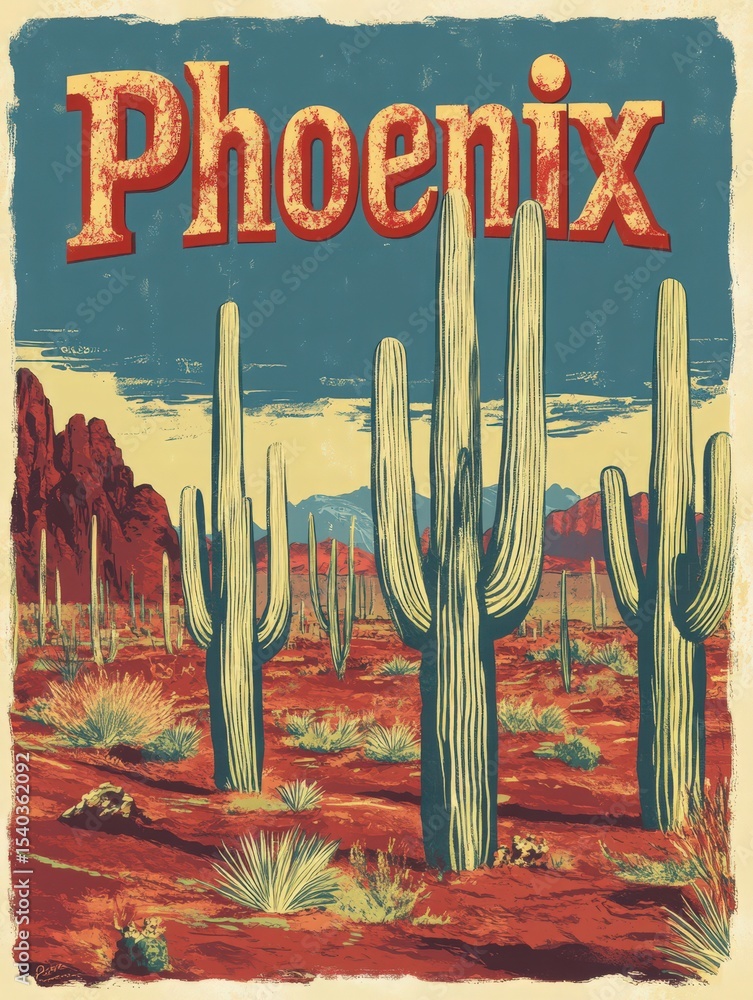 Vast desert terrain features tall cacti against a backdrop of mountains and a vibrant sky. This captivating view highlights the natural beauty of Phoenix, Arizona, in a picturesque setting.