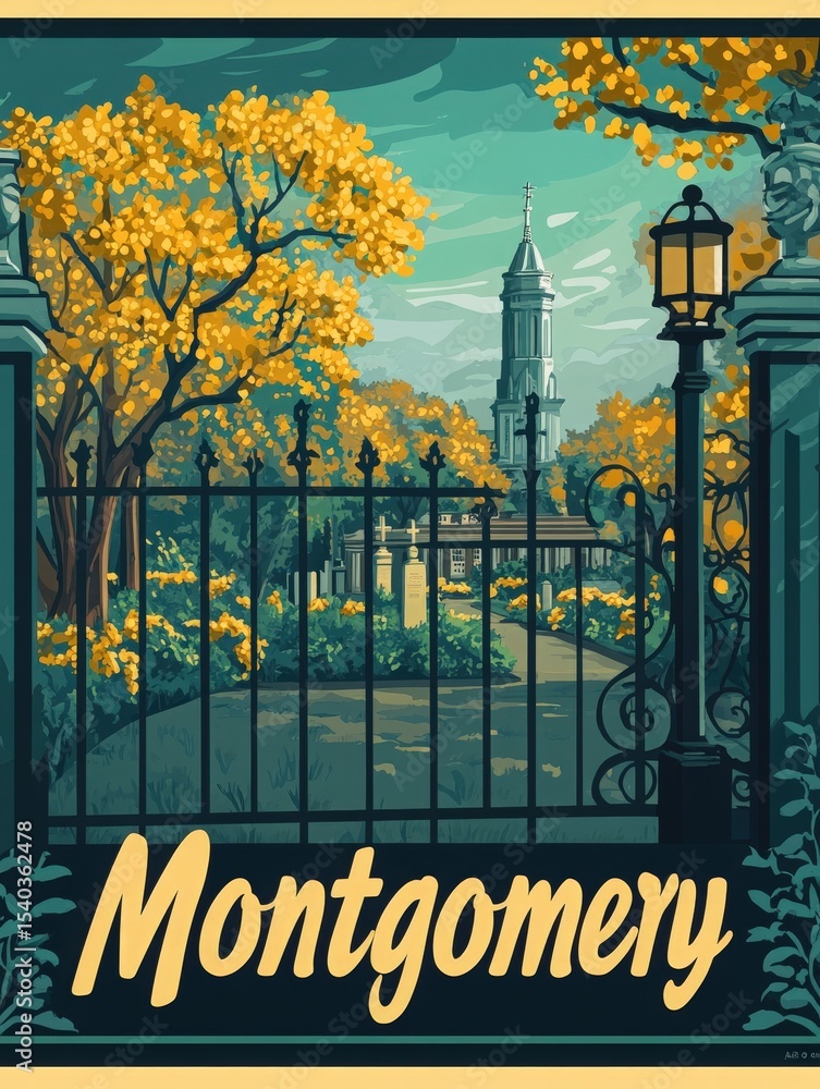 Autumn foliage frames a gate leading to a serene park in Montgomery. The tranquil setting features a historic tower and lanterns, creating a picturesque atmosphere during the golden hour.