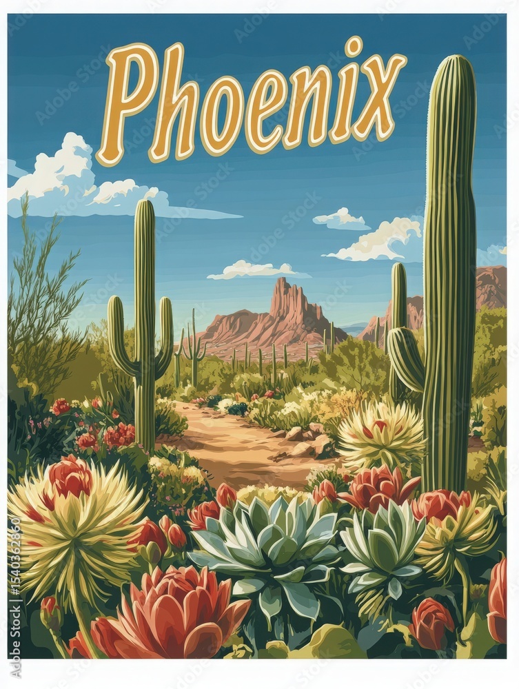 Lush cacti and vibrant desert flowers fill the foreground of this scenic view in Phoenix.