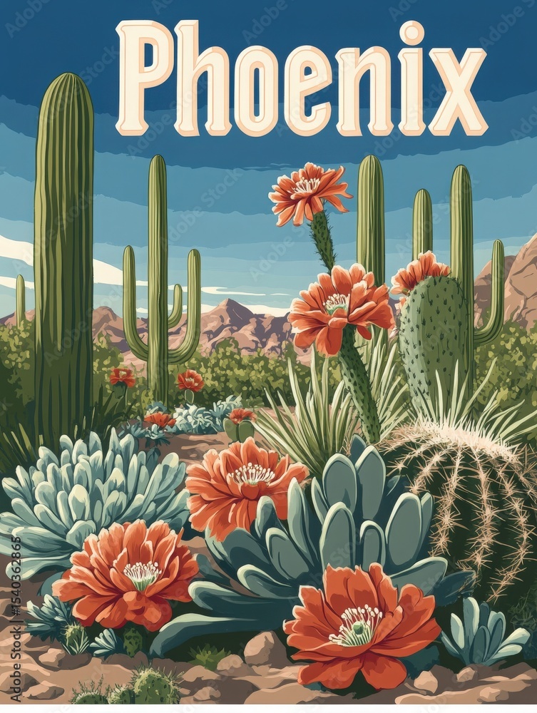 Cacti stand tall in a lush desert landscape adorned with vibrant orange flowers. The backdrop of mountains and a bright blue sky creates a stunning setting in Phoenix, showcasing natures beauty.