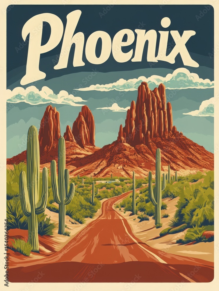 Majestic rock formations rise over a winding dirt road surrounded by lush cacti and desert flora near Phoenix during golden daylight.