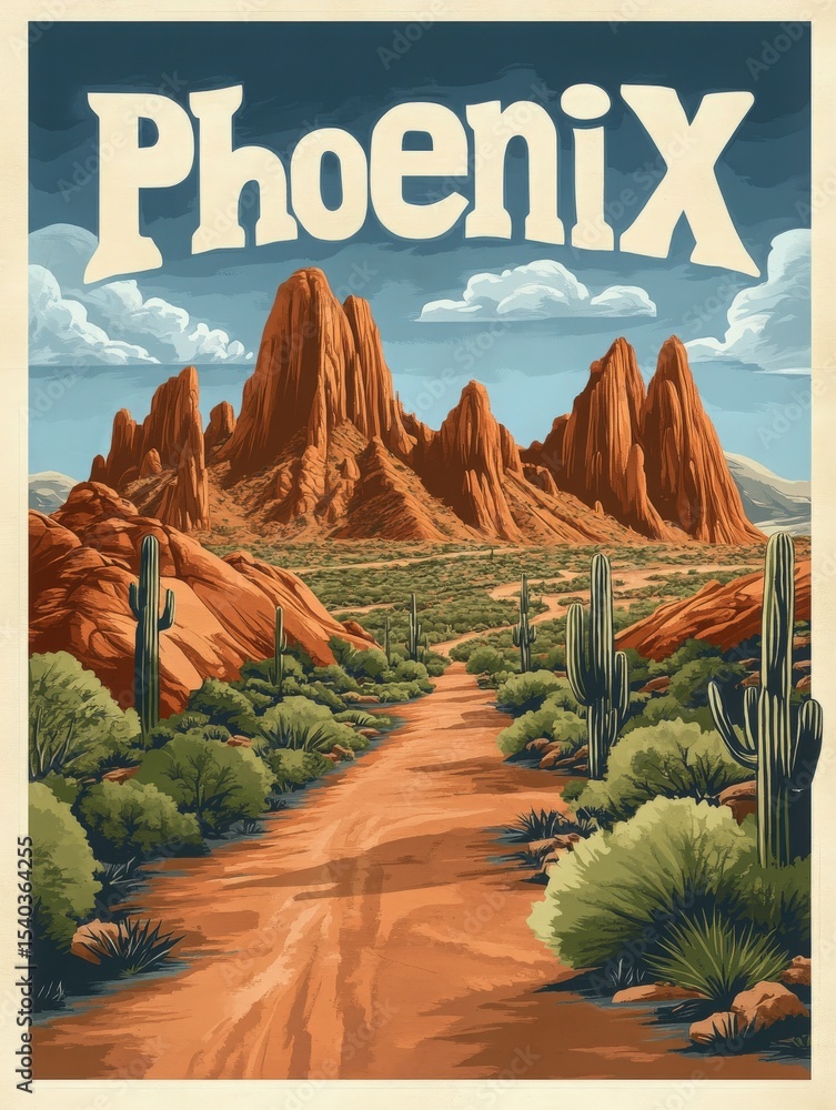 Majestic red rock formations rise against a blue sky in Phoenix, surrounded by desert vegetation and a winding dirt path. Cacti and bushes dot the landscape in this stunning natural setting.
