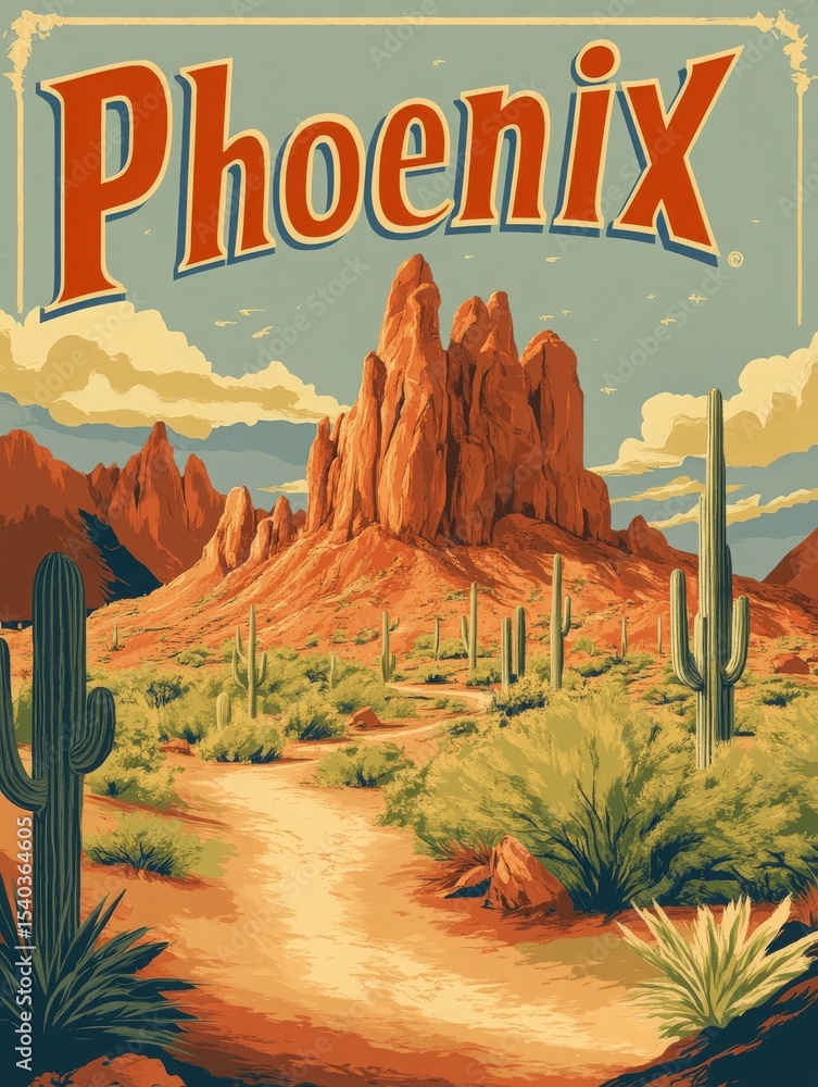 Vibrant desert landscape features towering rock formations, cacti, and a winding path. The warm colors capture the essence of Phoenix, offering a glimpse of the regions natural beauty.