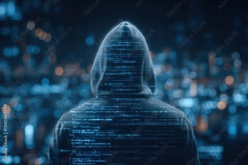 A figure wearing a hooded sweatshirt stands with their back to the viewer, overlooking a futuristic city filled with glowing lights and digital lines against a night sky.