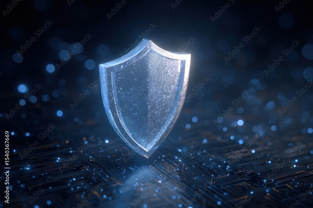 A metallic shield stands prominently against a dark background filled with glowing particles, representing protection and cybersecurity. The design highlights a modern, digital aesthetic.
