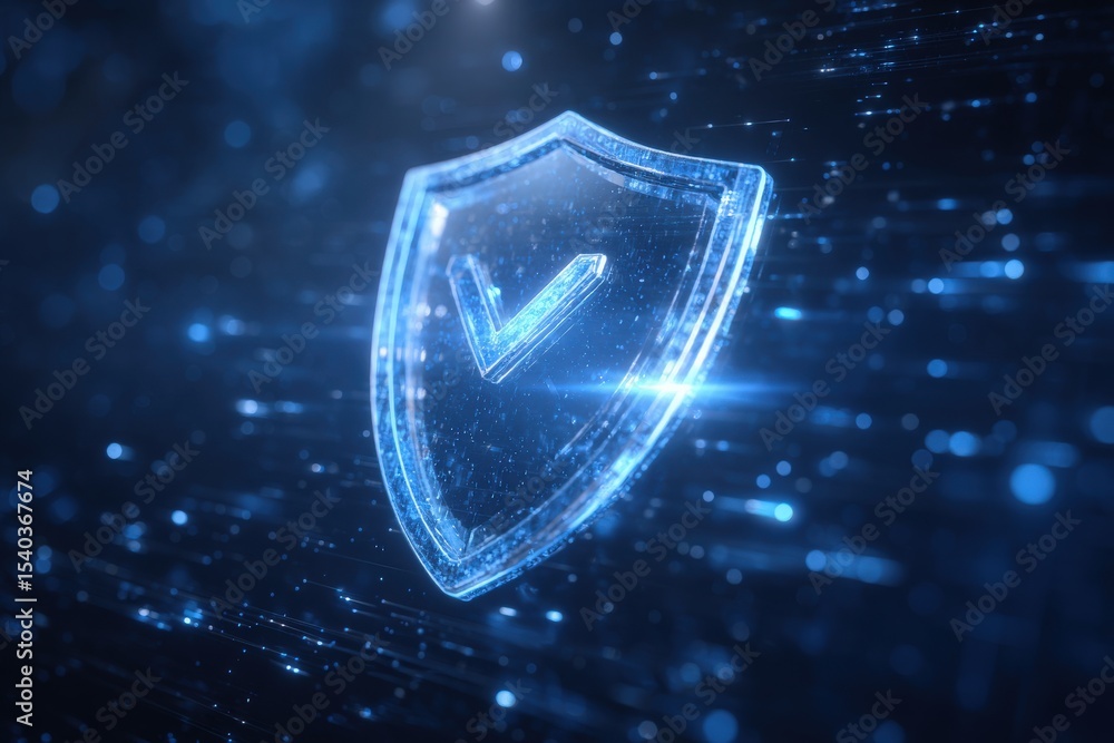 A glowing shield symbol shines against a vibrant blue backdrop of particles and light trails, evoking a sense of digital security and technological progress in a futuristic world.