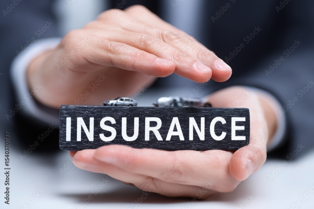 A person is shown holding a sign that reads Insurance with miniature cars placed on top. The focus is on offering protection and security for vehicles in a professional setting.