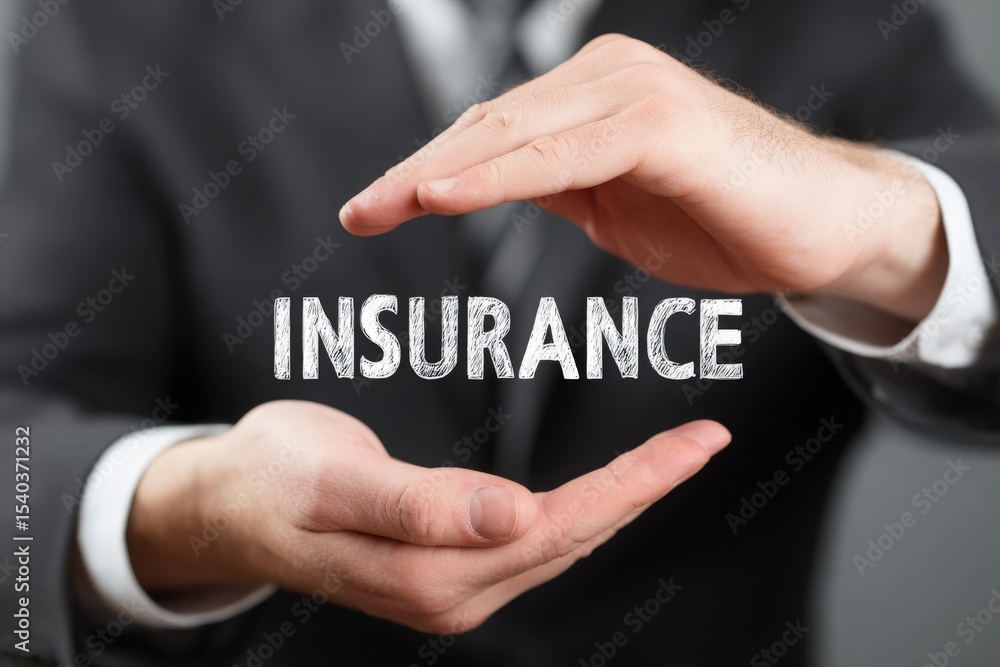 Two hands are positioned around the word insurance, conveying the concept of protection and security. The background is neutral, emphasizing the focus on the hands and text.