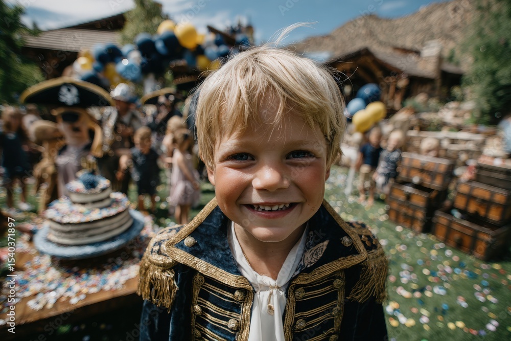 A young boy, dressed in a pirate-inspired outfit, smiles joyfully at his birthday party. Colorful balloons and decorations surround him, with friends and a cake in the background.