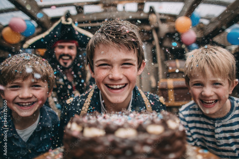 Three boys smile brightly while celebrating a birthday party with colorful balloons and confetti. A joyful atmosphere surrounds them as they gather around a delicious cake.
