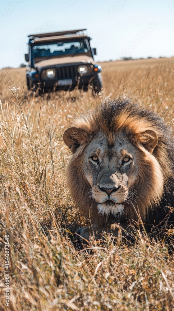 A powerful lion lounges in tall golden grass, showcasing its majestic mane. A safari vehicle is parked nearby, hinting at the ongoing wildlife adventure in the vast plains.