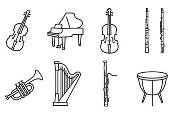 Classical Music Icons. Line style icons of classical music instruments: violin, grand piano, cello, oboe. trumpet, harp, bassoon,