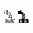 © ana - This high-quality vector image features two simple drain icons: a black outline and a solid black silhouette, both showing a pipe, flowing water, and a body of water.