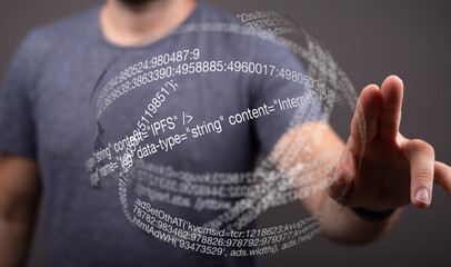a programmer interacts with a 3d holographic display showing code. software development, technology 