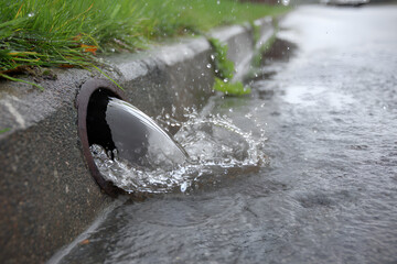 Water flowing into storm drain during heavy rain in the city
