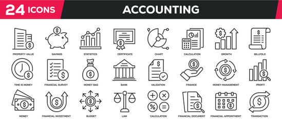 Sticker - set of collection line icons related accounting, banking, finance. editable stroke. perfect pixel on