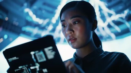 Cybersecurity analyst inspecting a software code on tablet screen indoors