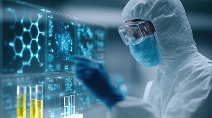 scientist analyzing new compound formula in high-tech laboratory using futuristic digital display sc