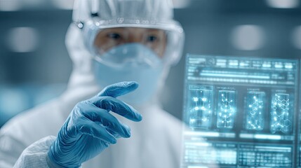 scientist analyzing new compound formula in high-tech laboratory using futuristic digital display sc