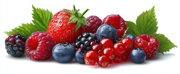 Wall Mural - The colorful assortment of fresh berries with lush green leaves.