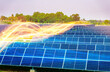 © Kampan - Rows of solar panels in a green field under clear skies with digital energy flow effects, symbolizing renewable energy and smart power technology