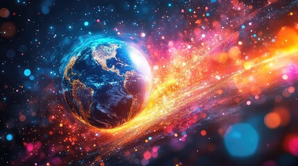 a glowing globe surrounded by vibrant light bursts, creating a dynamic and abstract global scene.