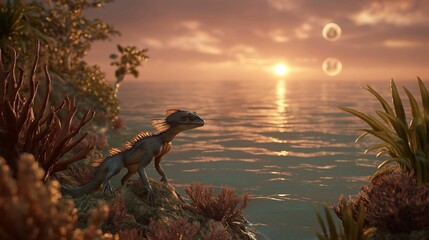Wall Mural - dinosaur-like creature by the ocean at sunset with two suns