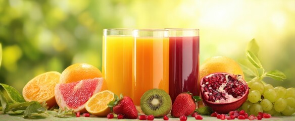 Wall Mural - The colorful selection of fresh fruit juices displayed in elegant glasses.