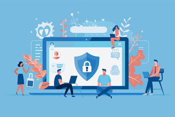Secure computer system illustration. People work around a shield protecting data. Modern design, focusing on security, privacy, network, and technology. Vector image.