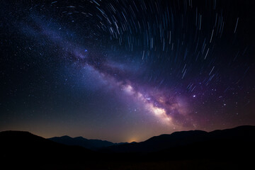 stunning star trails in the night sky above the silhouette of dark mountains with long exposure effe