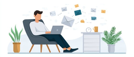 A man sitting in a chair working on a laptop, surrounded by floating email icons, with plants and a desk nearby.