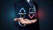 © David Zarzosa - Businessman presenting quality increase and cost reduction with neon icons in hand. The strategic goal of enhancing service quality while minimizing business expenses.