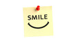© TransPicHub - A yellow sticky note pinned with a red pushpin reads 'SMILE' above a curved line resembling a smiling face.
