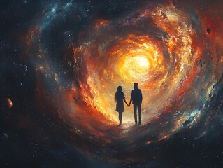Wall Mural - cosmic couple exploring the unknown through a glowing wormhole