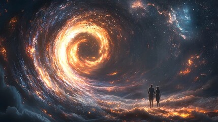 Wall Mural - cosmic embrace couple silhouetted against a swirling galaxy
